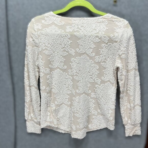 LOFT XS Lace Damask Textured Knit Top Ivory Cream Beige Mixed Media Long Sleeve - Picture 5 of 9